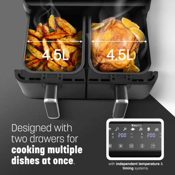Keplin Dual Zone Air Fryer - Energy-Saving Cooker with 6 Cooking Functions - Extra-Large Capacity for Healthy Meals - Roast, Bake, Dehydrate, Crisp - Family Size ( 9 / 9.5 L ) - Image 6